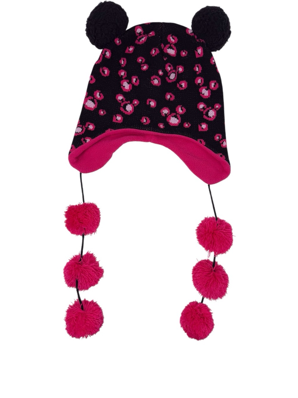 Disney Parks Black & Pink Dangling Pom Pom Beanie W/ear Flaps EUC